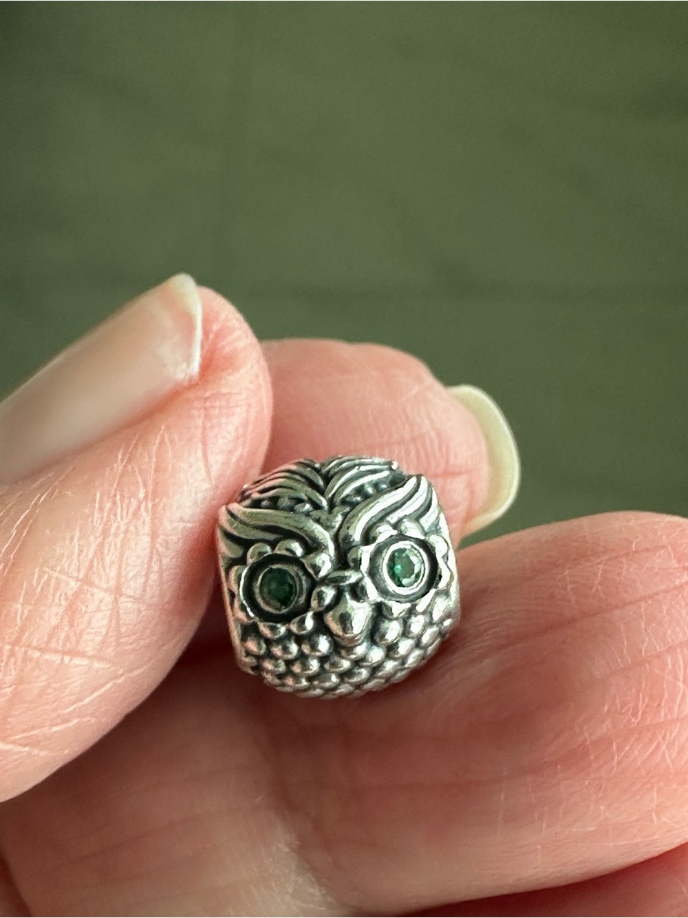 Pandora Sterling Silver Owl Charm with Green Stones